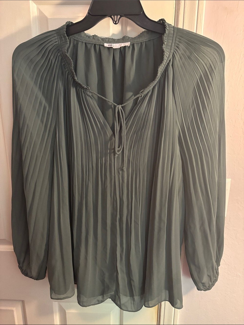 DR2 Sage Green Pleated Tie-Neck Blouse